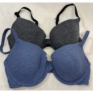 Lot of 2 Auden The Everyday Sz 34C Lightly Lined T Shirt Bra Comfy Black & Blue